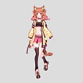 Anime Woman Dressed In Yellow Jacket Pink Skirt With Cat Ears Tail And Black Stockings