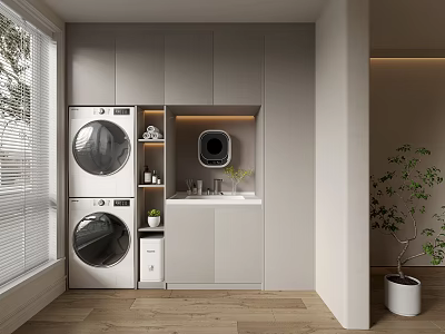 Modern Bathroom Cabinetry With Stacked Washing Machine Dryer Sink And Window Design 3d model