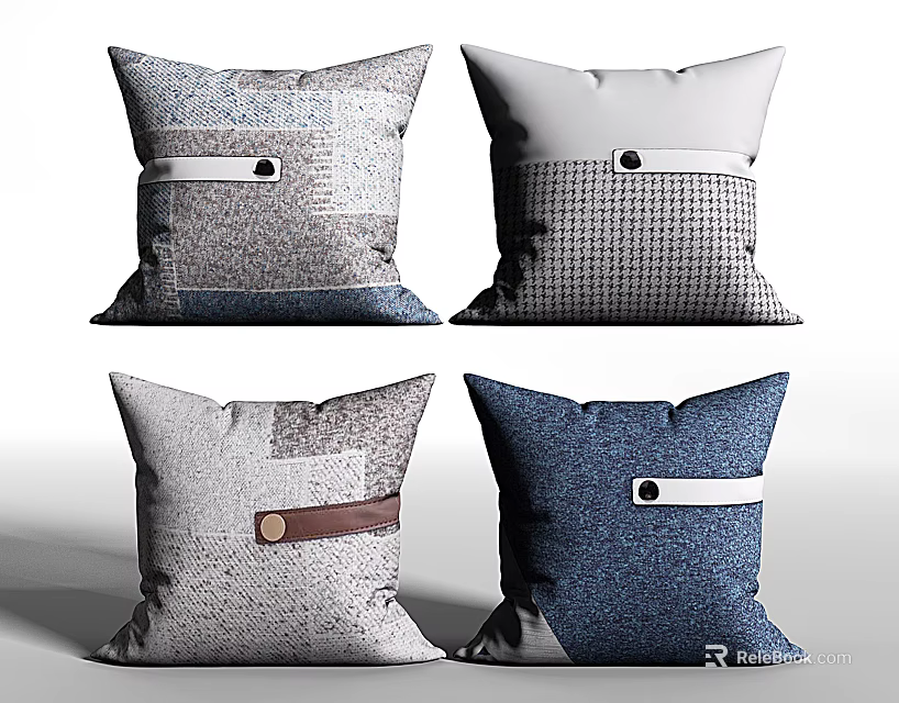 Modern Decorative Throw Pillows With Various Textured Patterns And Strap Accents 3d model