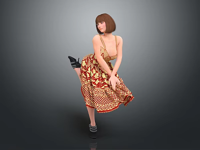 Woman With Short Brown Hair Posing In Patterned Dress Lifting One Leg On Gray Background 3d model