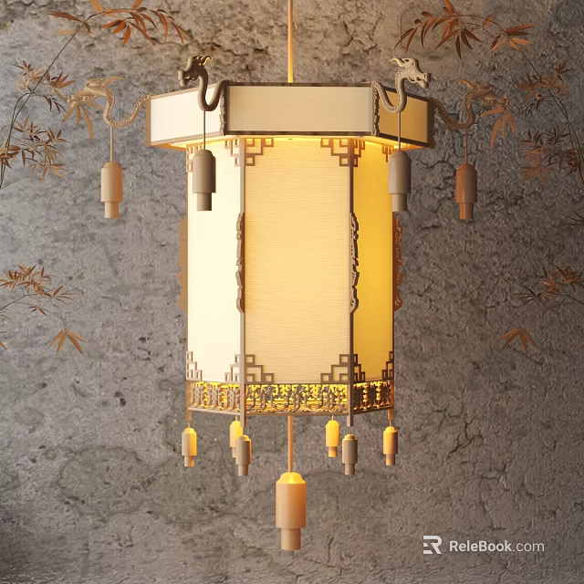 Chinese Traditional Lantern with Golden Decorative Trim and Hanging Tassels Warm Illuminated Light Decor 3d model 
