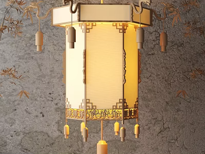 Chinese Traditional Lantern with Golden Decorative Trim and Hanging Tassels Warm Illuminated Light Decor 3d model