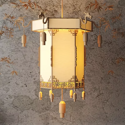 Chinese Traditional Lantern with Golden Decorative Trim and Hanging Tassels Warm Illuminated Light Decor 3d model