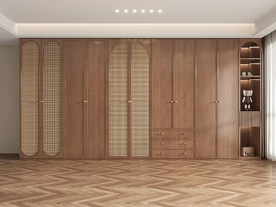 Modern Wooden Wardrobe With Arched Rattan Doors And Drawers In Brown Finish 3d model