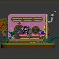 Cartoon Cafe Scene With Pink Blue Room Bunny Table Carrots And Green Plants