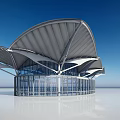 Modern Architectural Structure Featuring Curved Roof Design And Glass Facade Elements 3d model