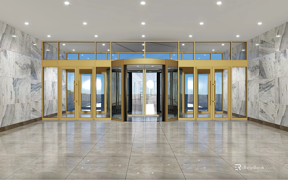 Grand Entrance With Revolving Door Glass Panels Marble Walls Ceiling Lights And Smooth Tiles 3d model 
