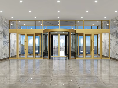 Grand Entrance With Revolving Door Glass Panels Marble Walls Ceiling Lights And Smooth Tiles 3d model