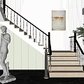 Elegant Staircase Area Interior With Classical Statue Striped Wall And Potted Plant 3d model
