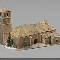 Historic Brick Church Building With Tiled Roof Tower And Small Trees