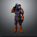 Futuristic Sci Fi Character Wearing Blue And Orange Armored Suit With Helmet
