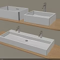 White Square And Rectangular Washbasins On Wooden Shelves With Silver Faucets 3d model