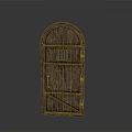Rustic Wooden Door With Arched Top Small Window And Metal Hinges 3d model