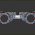 Futuristic Mechanical Device With Red Circular Rings And Blue Illuminated Panels