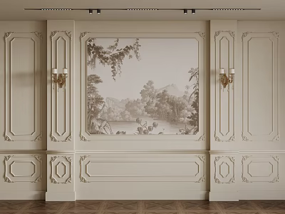 Classic Wall Decorative Lines With Paneling Artwork Symmetric Sconces And Wooden Floor 3d model