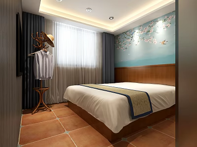 Bedroom Interior With Wooden Headboard White Bedspread Decorative Blanket And Blue Wall Art With Birds 3d model