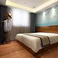 Bedroom Interior With Wooden Headboard White Bedspread Decorative Blanket And Blue Wall Art With Birds