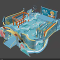 Kids Playground With Blue Water Wave Design Slide Climbing Frame And Cartoon Elements