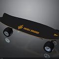 Black Deck Skull Board Skateboard with Orange Flame Logo and Large Blue Wheels