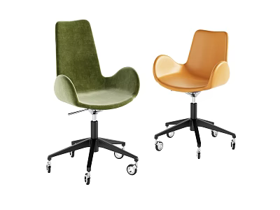 Modern Green Velvet and Orange Leather Office Chairs with Black Base and Wheels 3d model