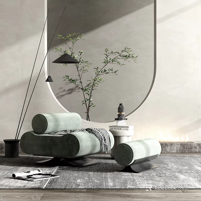 Light Green Modern Single Sofa with Small Side Table Green Plant and Round Mirror 3d model