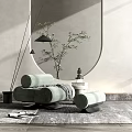 Light Green Modern Single Sofa with Small Side Table Green Plant and Round Mirror 3d model