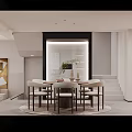 Modern Warm Open Plan Living And Dining Room With Elegant Wood Display Cabinets And Dining Set