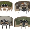 Curved Booth Style Public Seating With Green Brown Cushions And Wooden Black White Chairs