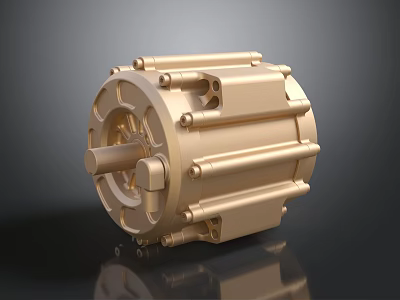 Shiny Golden Engine with Cylindrical Housing and Industrial Metal Bolts Structure 3d model