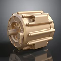 Shiny Golden Engine with Cylindrical Housing and Industrial Metal Bolts Structure