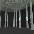Contemporary Exhibition Hall With Tall Columns Leaf Like Ceiling Light Rays Geometric Floor And Screens
