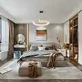 Modern Bedroom Interior Design With Bed Artwork Ceiling Light Open Wardrobe And Curtains 3d model