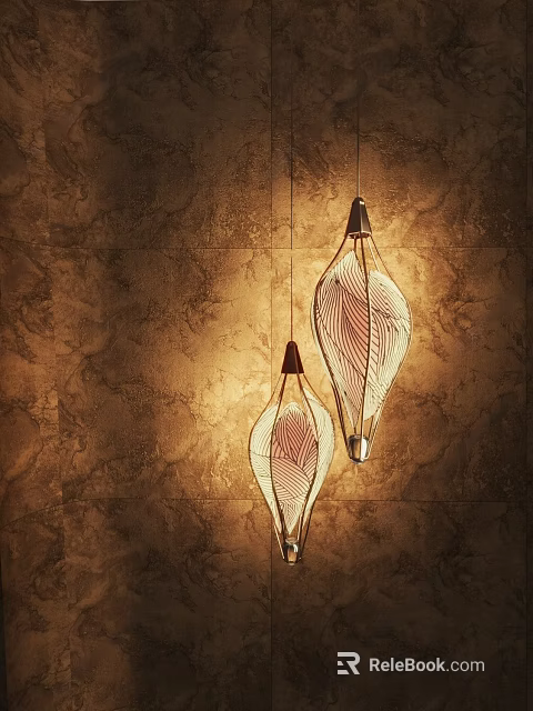 Unique Shaped Pendant Lights with Feather Pattern Glass Design Against Brown Marble Texture Wall 3d model 