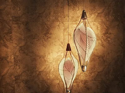 Unique Shaped Pendant Lights with Feather Pattern Glass Design Against Brown Marble Texture Wall 3d model