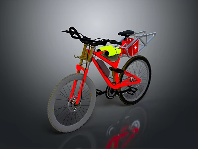 Red Frame Mountain Bike With Black Handlebars Seat Yellow Part Silver Rack And Thick Tires 3d model