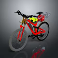 Red Frame Mountain Bike With Black Handlebars Seat Yellow Part Silver Rack And Thick Tires