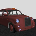 Red Vintage Taxi With Round Headlights Roof Sign And Tree Nearby