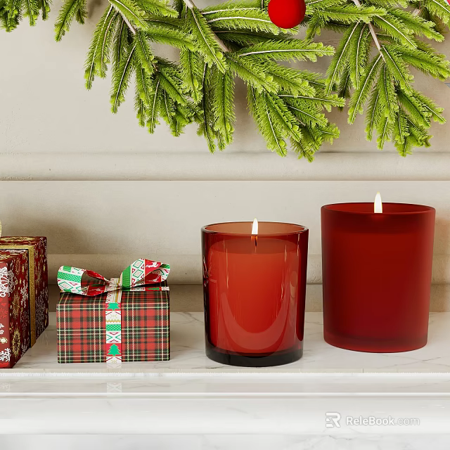 Festive Decorative Ornament Set With Red Candles Gift Boxes And Green Foliage 3d model 
