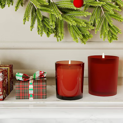 Festive Decorative Ornament Set With Red Candles Gift Boxes And Green Foliage 3d model