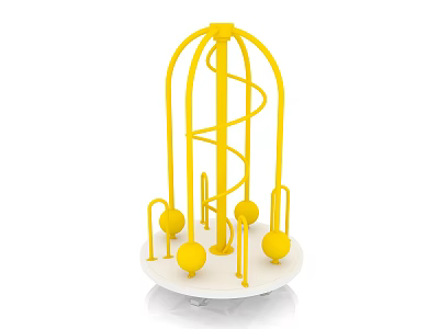 Yellow Playground Equipment with Spiral Structure and Round Balls on White Circular Base 3d model