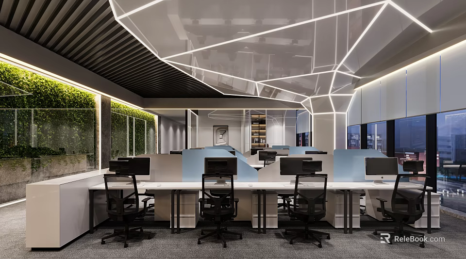 Modern Public Office Space With Open Workstations Green Plant Wall And Office Chairs 3d model 