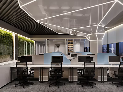 Modern Public Office Space With Open Workstations Green Plant Wall And Office Chairs 3d model
