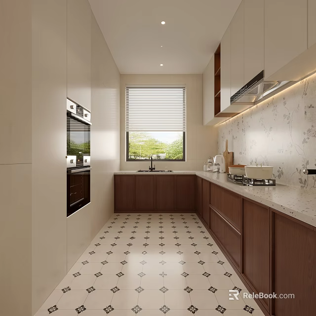 Modern Kitchen Interior With Cabinets Oven Window Blinds And Black White Patterned Floor Tiles 3d model 