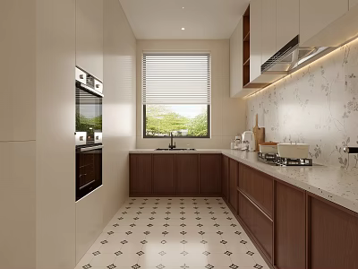 Modern Kitchen Interior With Cabinets Oven Window Blinds And Black White Patterned Floor Tiles 3d model