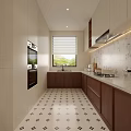 Modern Kitchen Interior With Cabinets Oven Window Blinds And Black White Patterned Floor Tiles