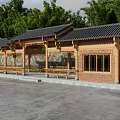 Traditional Chinese Style Pergola with Wooden Structure Black Tiled Roof Green Trees and Stone Wall