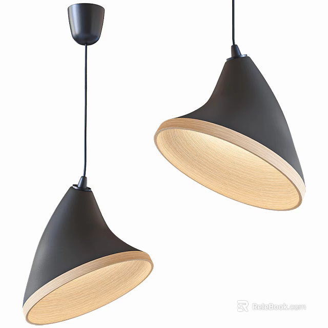 Two Modern Black Pendant Lights With Wooden Inner Shade For Interior Lighting Design 3d model 