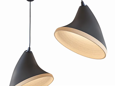 Two Modern Black Pendant Lights With Wooden Inner Shade For Interior Lighting Design 3d model