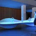 Futuristic Exhibition Display With Illuminated Pillars And Central Exhibit In Modern Architectural Space