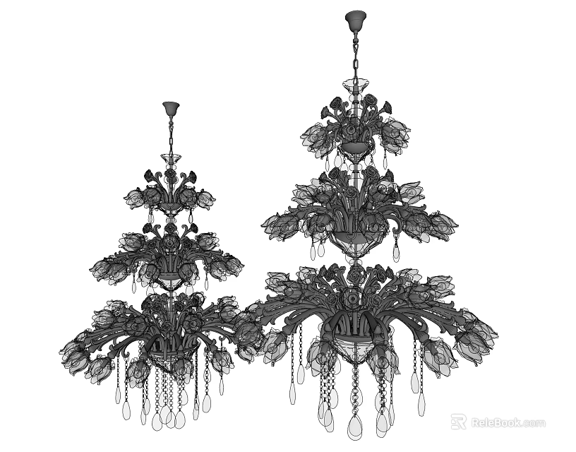 Ornate Multi Tiered Chandeliers With Decorative Leaf Design And Hanging Chains 3d model